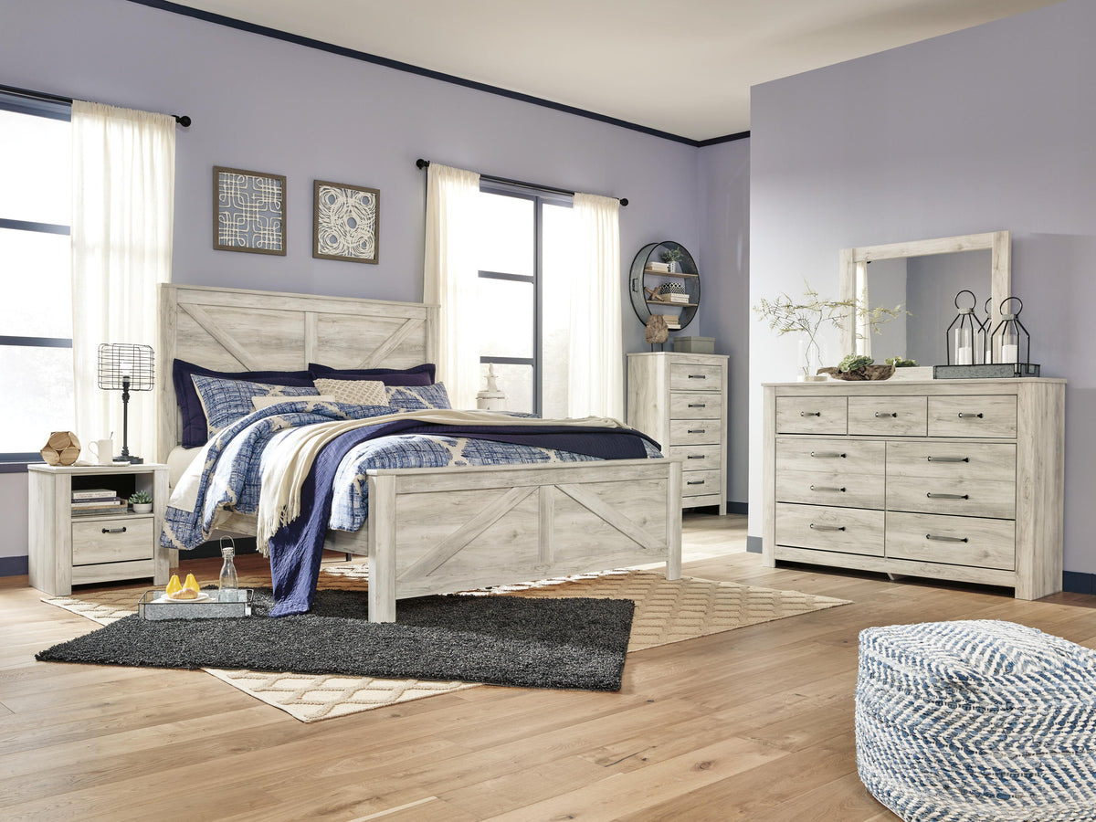 Bellaby King Crossbuck Panel Bed, Dresser, Mirror, and Nightstand