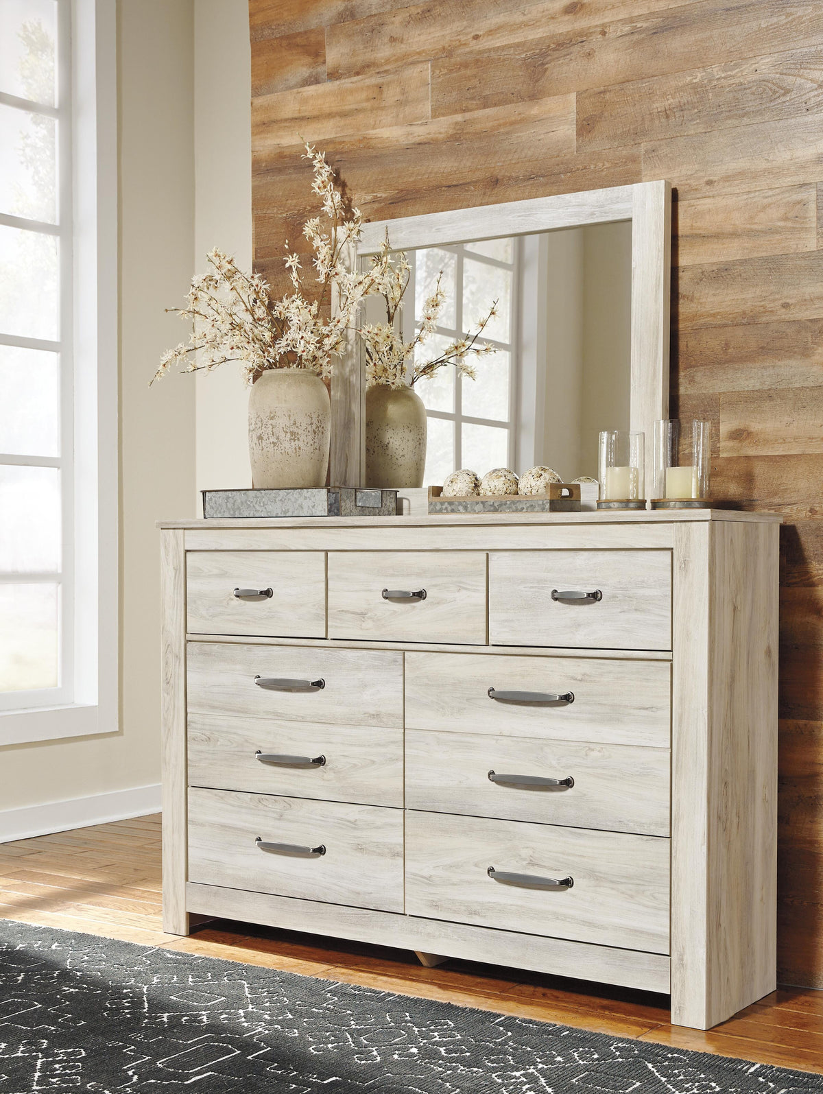 Bellaby Crossbuck Panel Bed Set - King, Mirrored Dresser