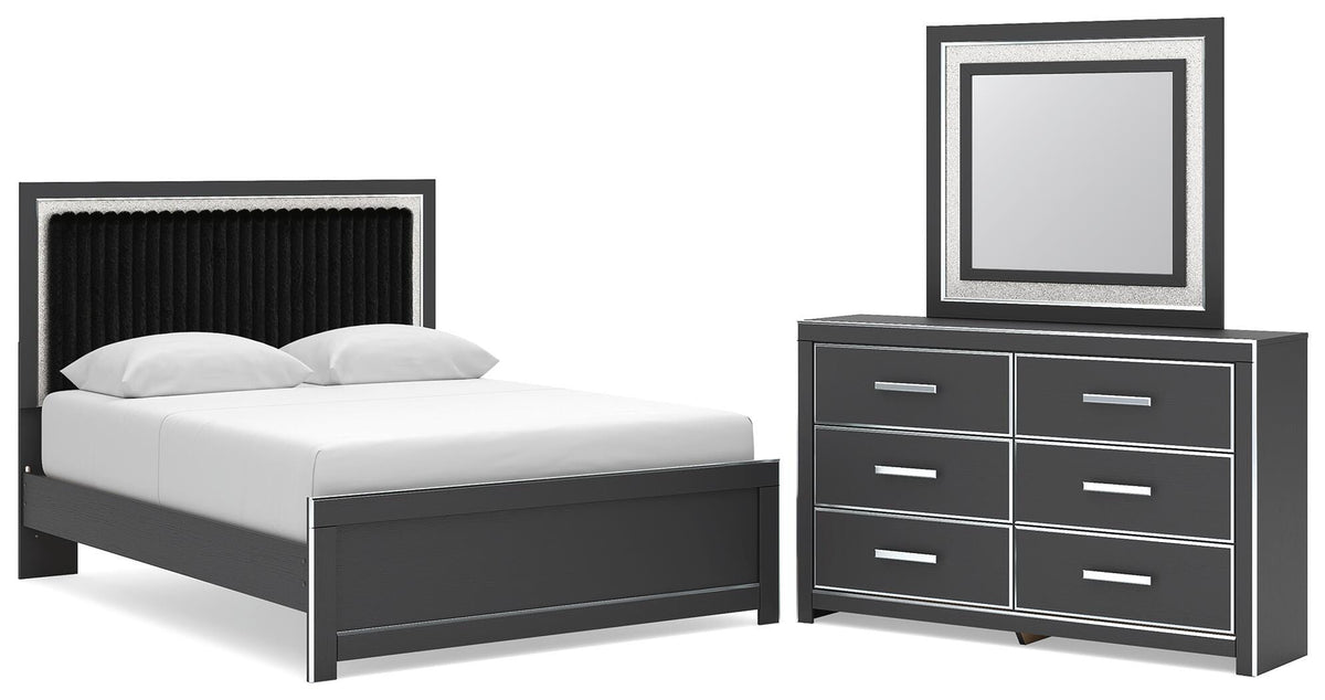Zuraleus Queen Upholstered Panel Platform Bed, Dresser and Mirror