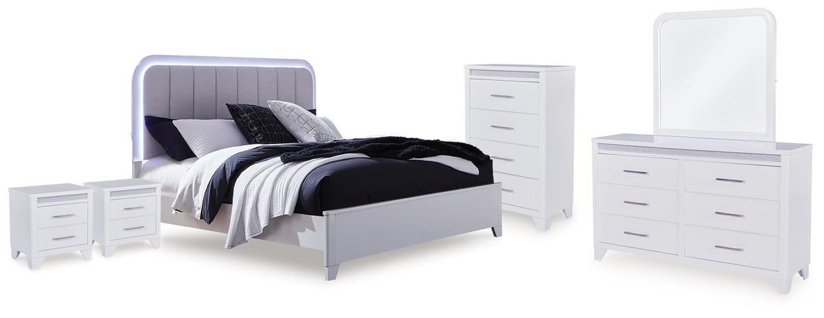 Jarlee Queen Upholstered Panel Bed, Dresser, Mirror, Chest and 2 Nightstands