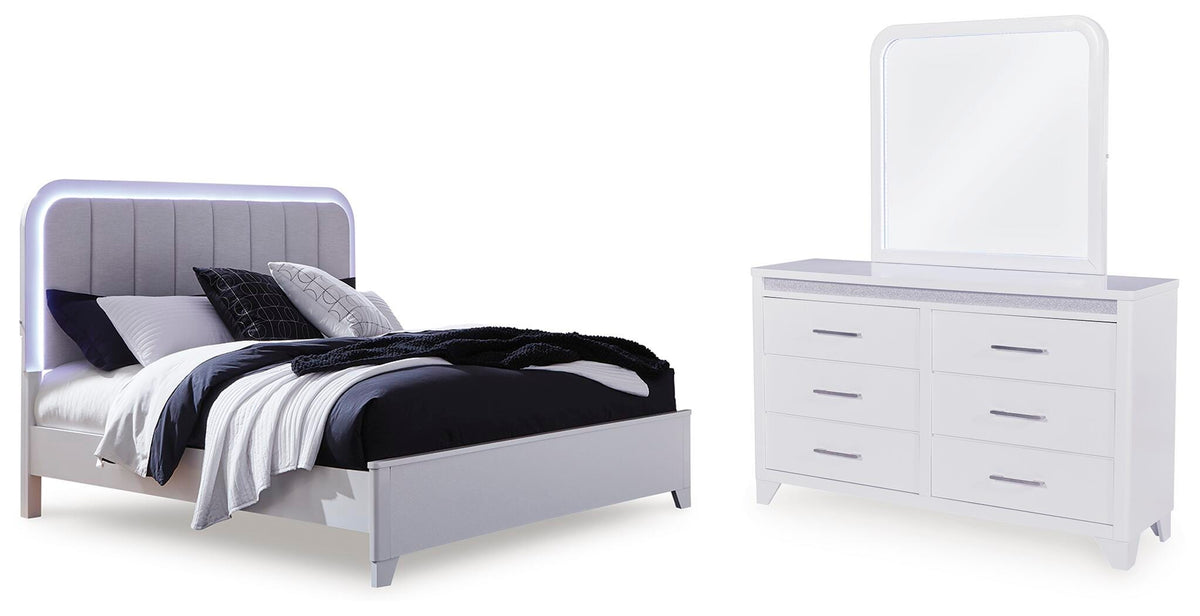 Jarlee Queen Upholstered Panel Bed, Dresser and Mirror
