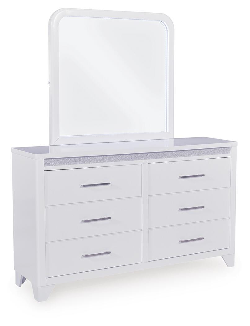 Jarlee Queen Upholstered Panel Bed, Dresser, Mirror, Chest and 2 Nightstands