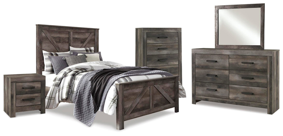 Wynnlow Crossbuck Panel Bed Set - Queen, Mirrored Dresser, Chest and Nightstand
