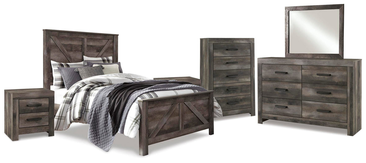 Wynnlow Crossbuck Panel Bed Set - Queen, Mirrored Dresser, Chest and 2 Nightstands