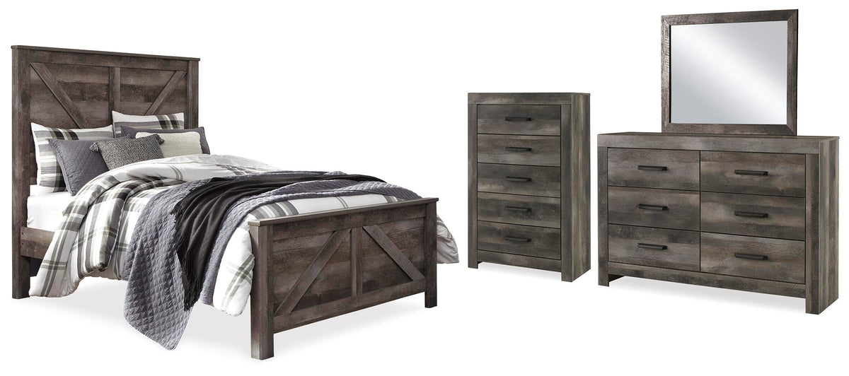 Wynnlow Crossbuck Panel Bed Set - Queen, Mirrored Dresser and Chest