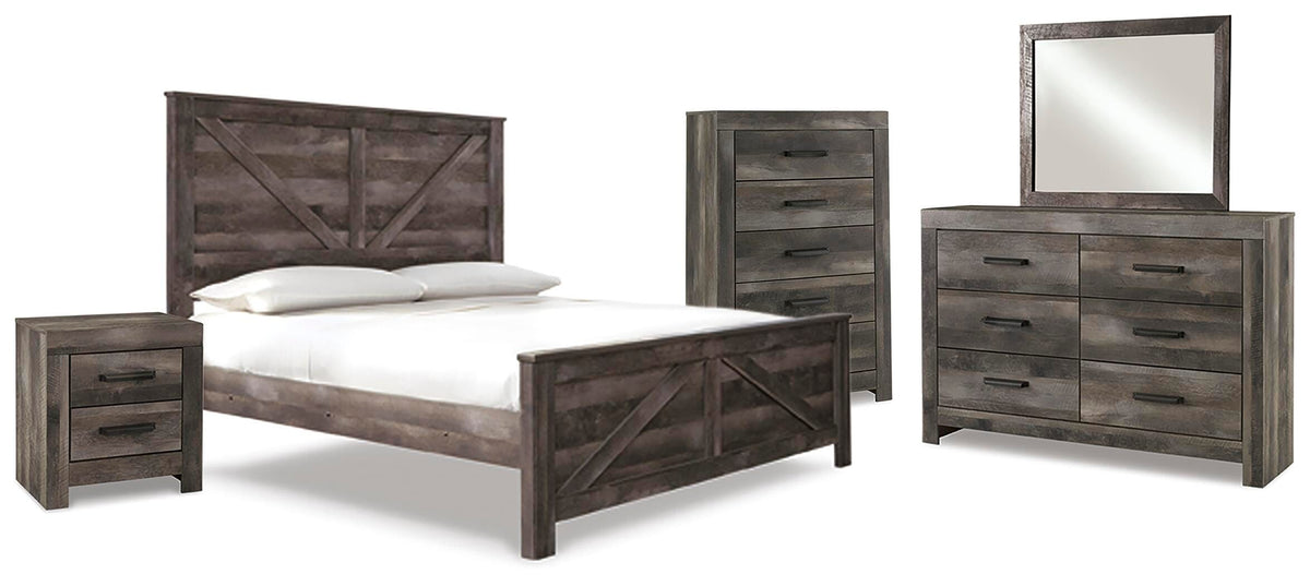 Wynnlow Crossbuck Panel Bed Set - King, Mirrored Dresser, Chest and Nightstand