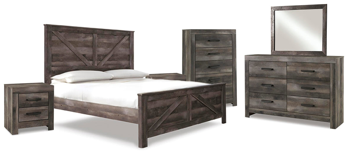 Wynnlow Crossbuck Panel Bed Set - King, Mirrored Dresser, Chest and 2 Nightstands