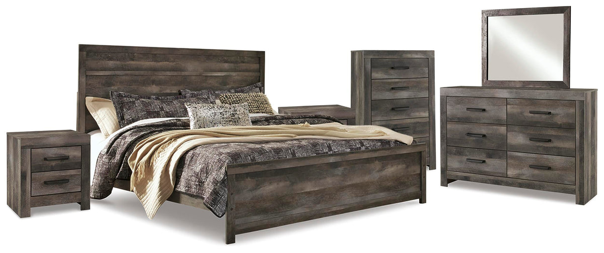 Wynnlow Panel Bed Set - King, Mirrored Dresser, Chest and 2 Nightstands