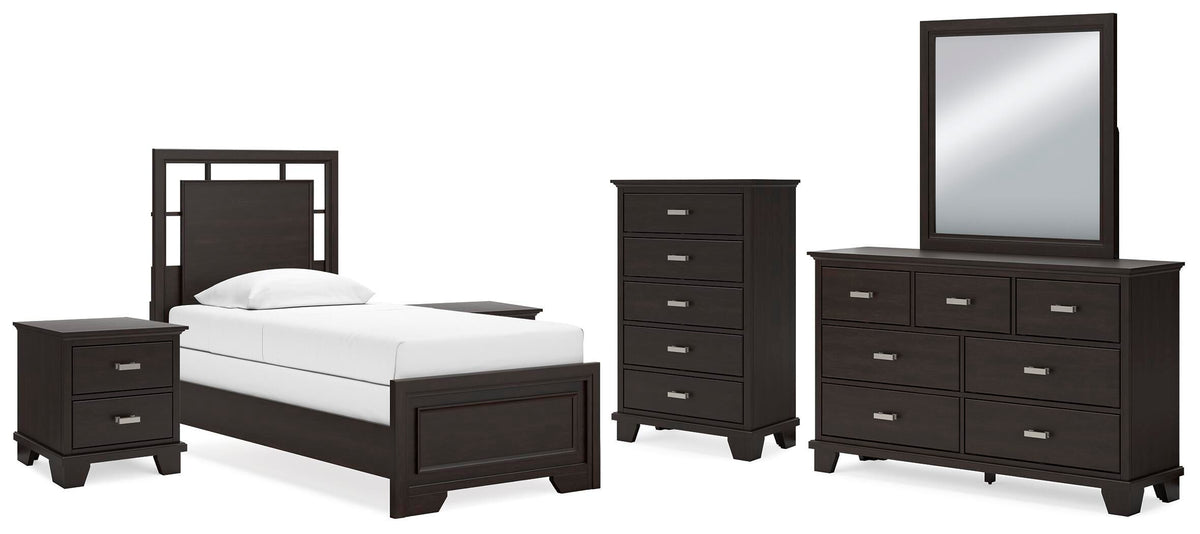 Covetown Panel Bed Set - Twin, Mirrored Dresser, Chest and 2 Nightstands