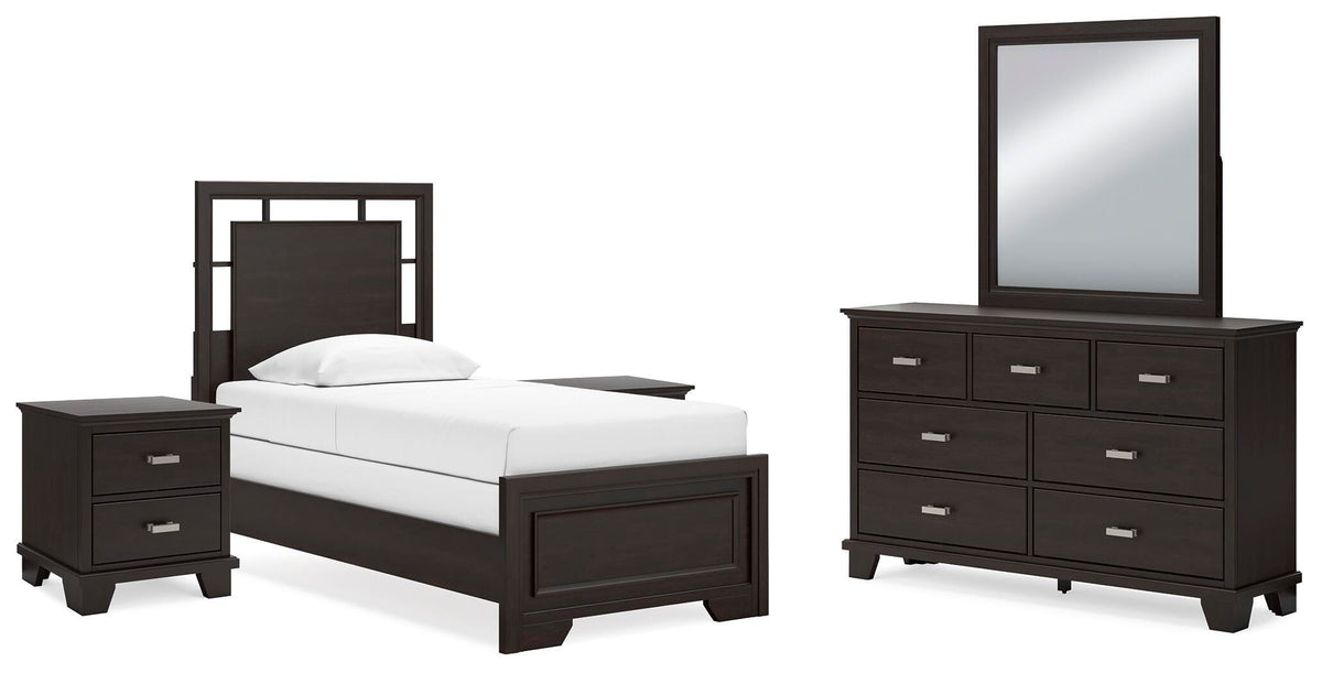 Covetown Panel Bed Set - Twin, Dresser, Mirror and 2 Nightstands