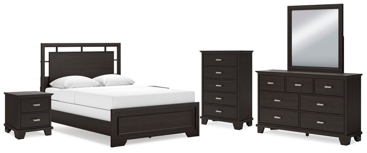 Covetown Panel Bed Set - Queen, Mirrored Dresser, Chest and 2 Nightstands