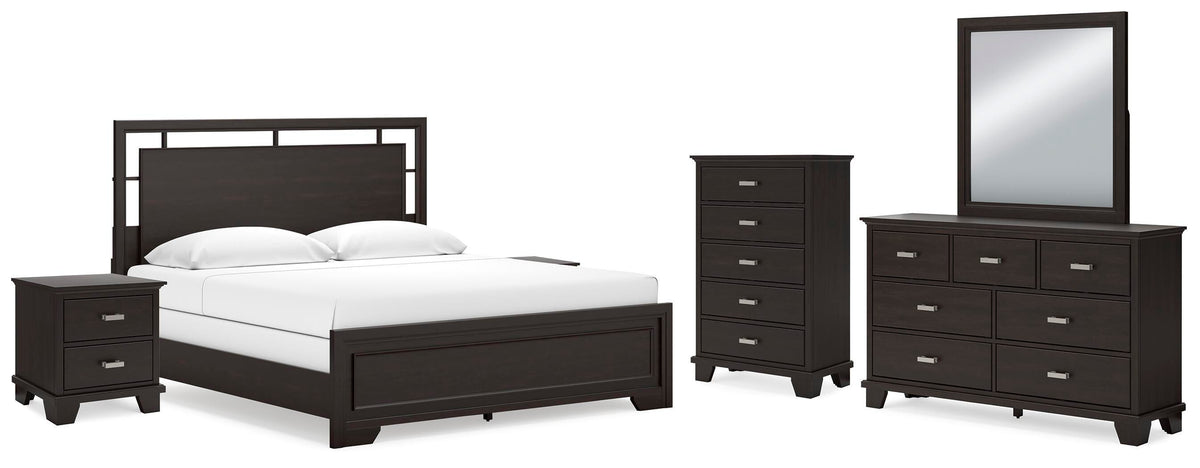 Covetown Panel Bed Set - California King, Mirrored Dresser, Chest and 2 Nightstands