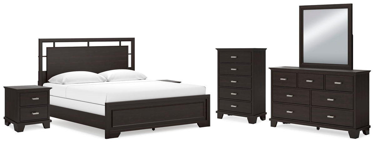 Covetown Panel Bed Set - King, Mirrored Dresser, Chest and 2 Nightstands