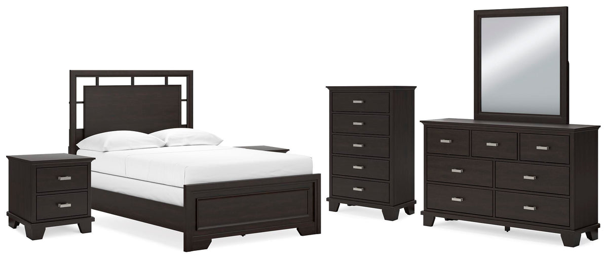 Covetown Panel Bed Set - Full, Mirrored Dresser, Chest and 2 Nightstands