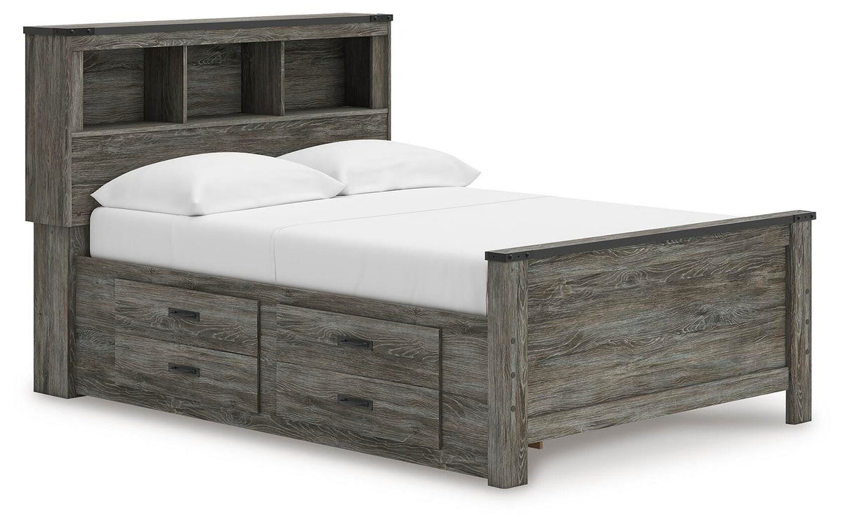 Frandern Full Bookcase Panel Bed with Storage, Dresser, Mirror and Chest