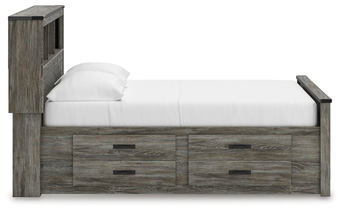 Frandern Full Bookcase Panel Bed with Storage, Dresser, Mirror and Chest