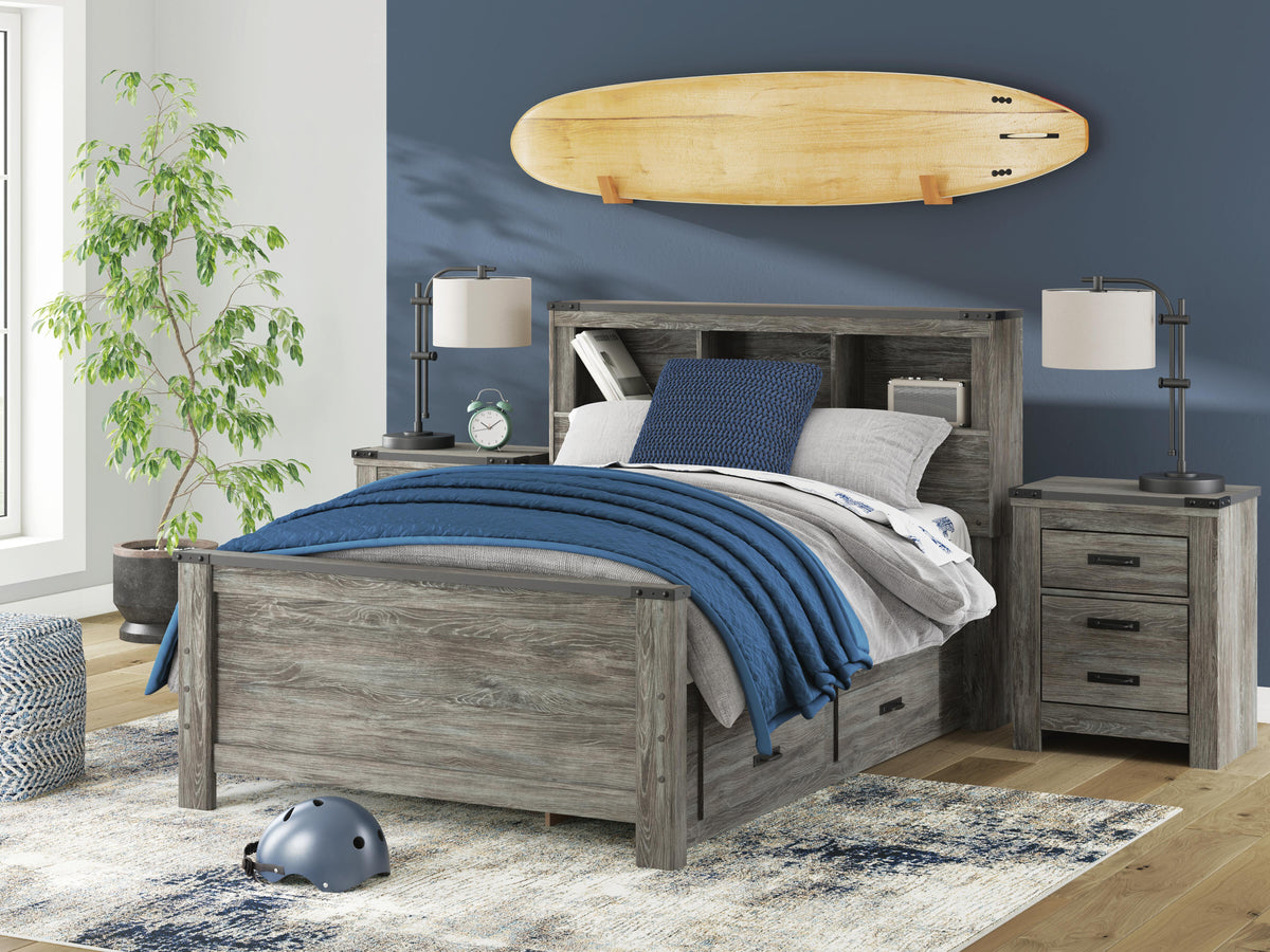 Frandern Full Bookcase Panel Bed with Storage, Dresser, Mirror and Chest
