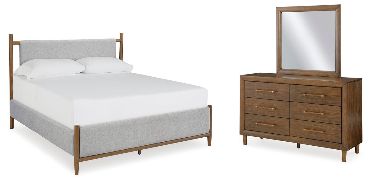Lyncott California King Upholstered Bed, Dresser and Mirror
