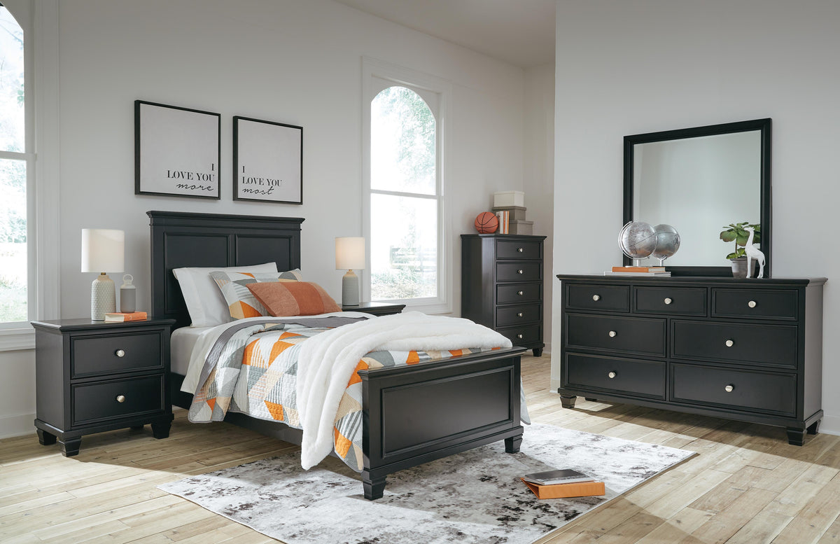 Lanolee Panel Bed Set - Twin, Mirrored Dresser, Chest and 2 Nightstands