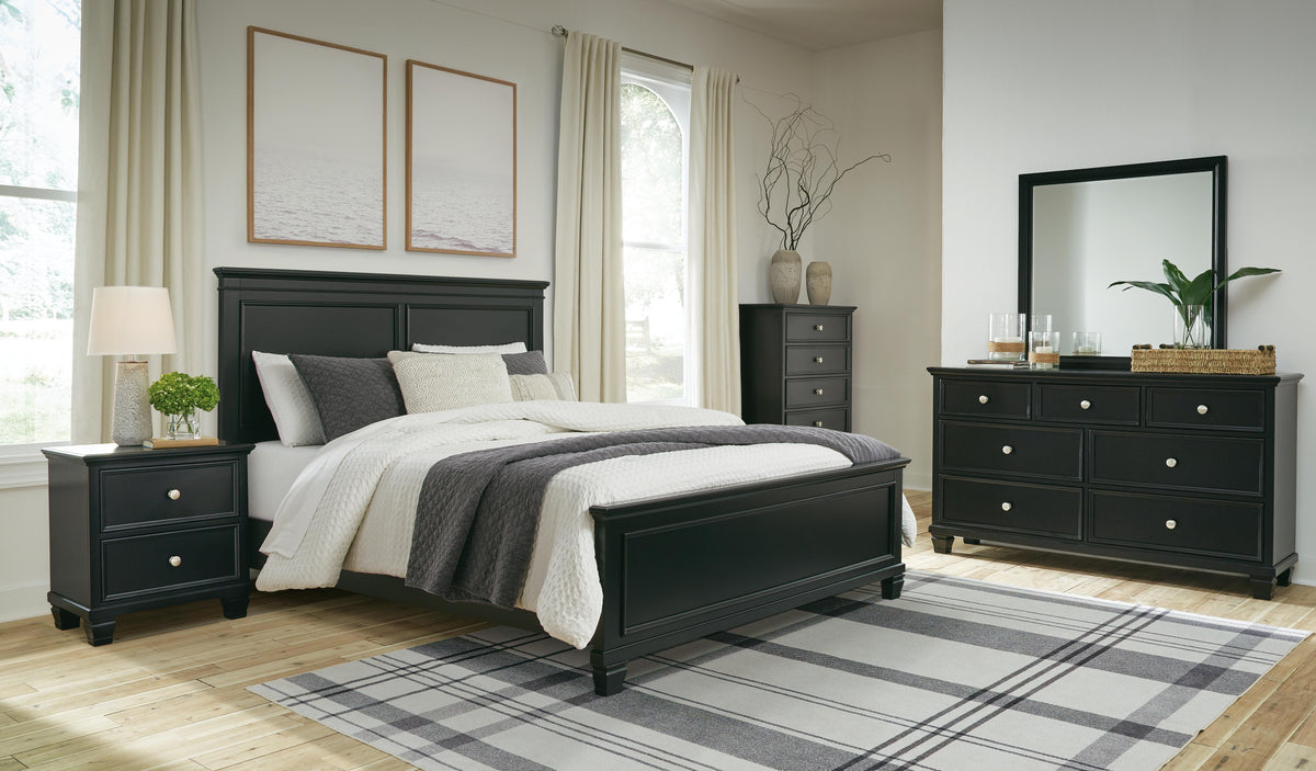 Lanolee Panel Bed Set - Queen, Mirrored Dresser, Chest and 2 Nightstands