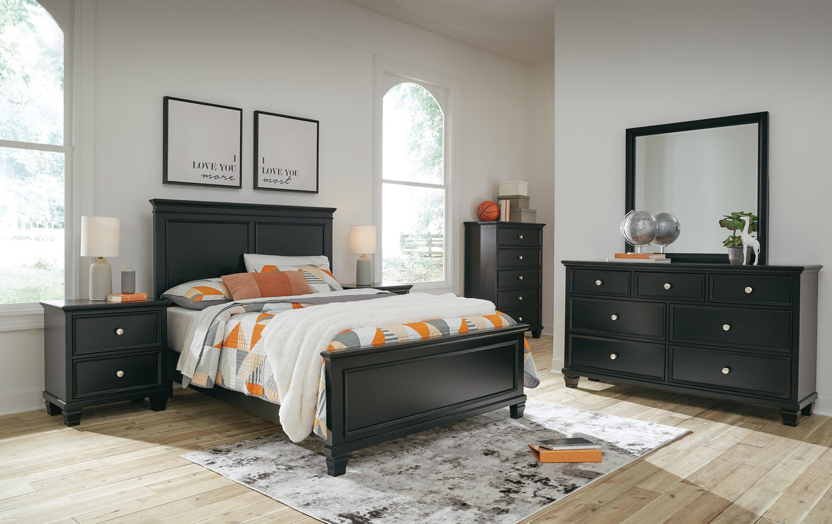 Lanolee Panel Bed Set - Full, Mirrored Dresser, Chest and 2 Nightstands