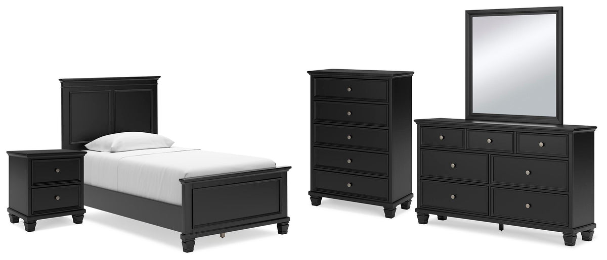 Lanolee Panel Bed Set - Twin, Mirrored Dresser, Chest and Nightstand