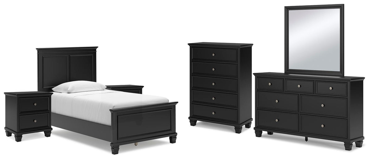 Lanolee Panel Bed Set - Twin, Mirrored Dresser, Chest and 2 Nightstands