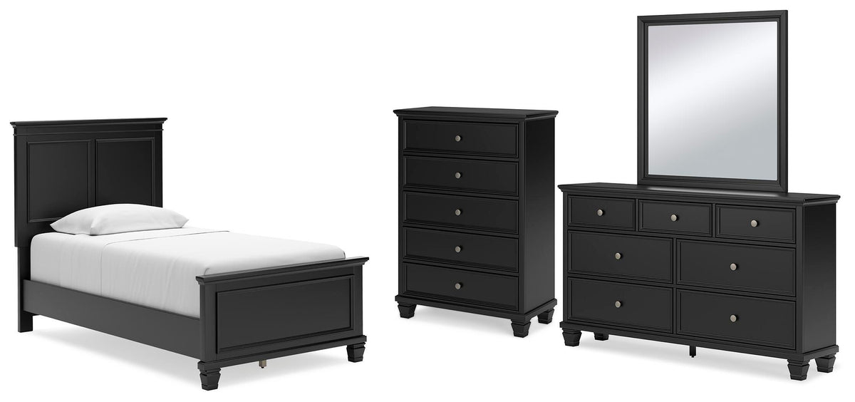 Lanolee Panel Bed Set - Twin, Mirrored Dresser and Chest