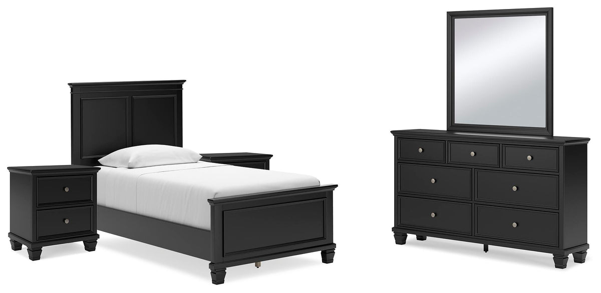 Lanolee Panel Bed Set - Twin, Mirrored Dresser and 2 Nightstands