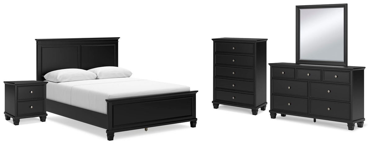 Lanolee Panel Bed Set - Queen, Mirrored Dresser, Chest and Nightstand