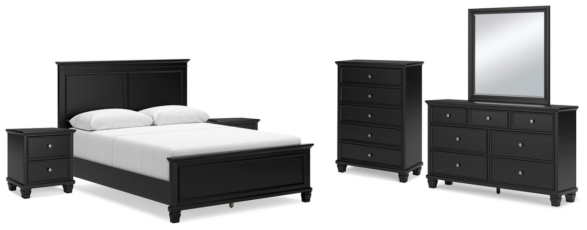 Lanolee Panel Bed Set - Queen, Mirrored Dresser, Chest and 2 Nightstands
