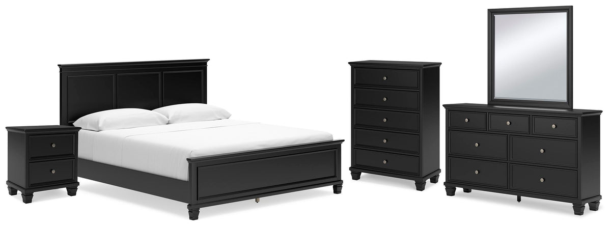 Lanolee Panel Bed Set - California King, Mirrored Dresser, Chest and Nightstand