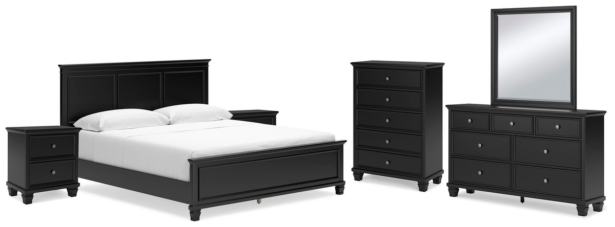 Lanolee Panel Bed Set - California King, Mirrored Dresser, Chest and 2 Nightstands