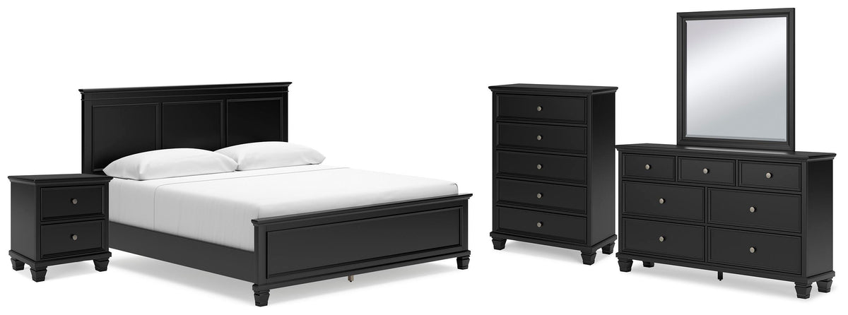 Lanolee Panel Bed Set - King, Mirrored Dresser, Chest and Nightstand