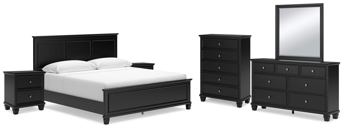 Lanolee Panel Bed Set - King, Mirrored Dresser, Chest and 2 Nightstands