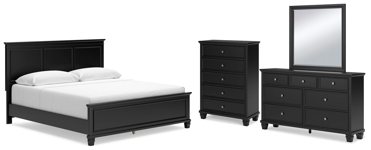 Lanolee Panel Bed Set - King, Mirrored Dresser and Chest