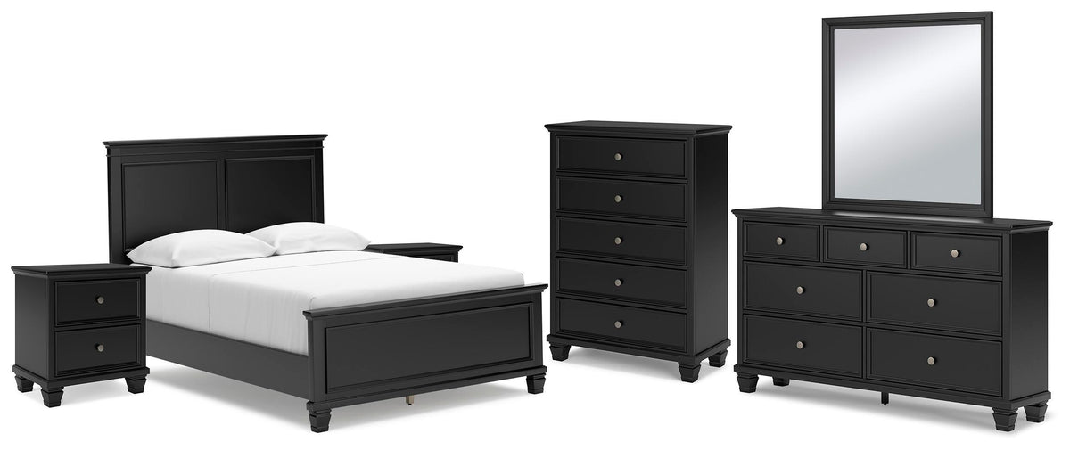 Lanolee Panel Bed Set - Full, Mirrored Dresser, Chest and 2 Nightstands