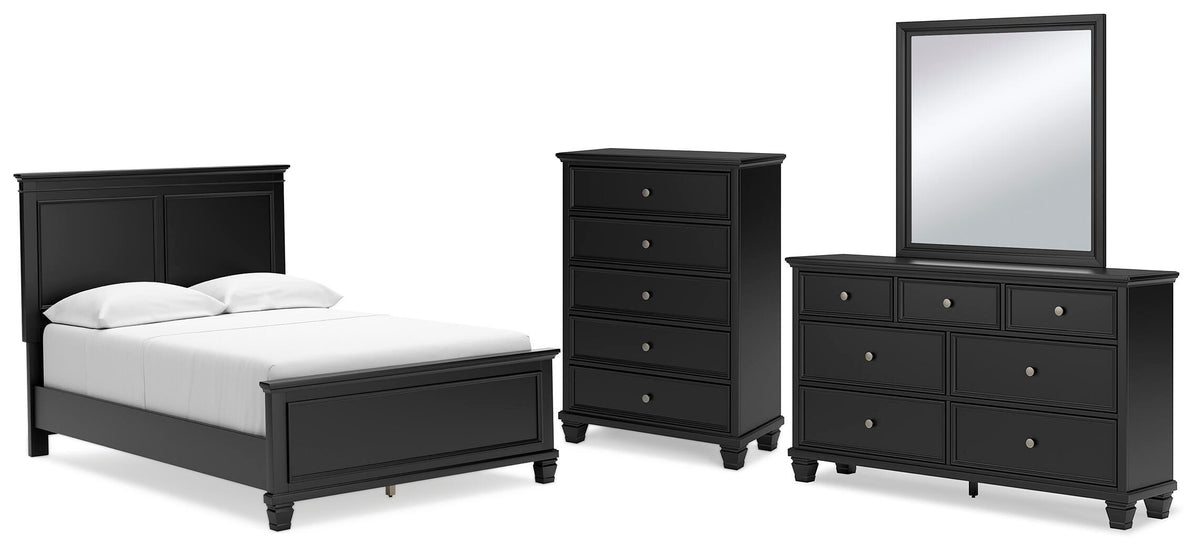 Lanolee Panel Bed Set - Full, Mirrored Dresser and Chest