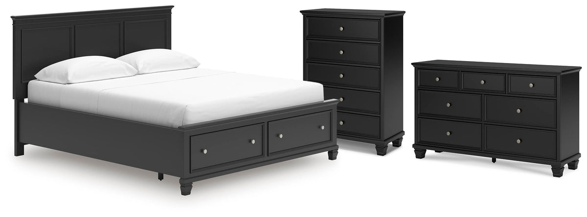 Lanolee Panel Storage Bed Set - California King, Dresser and Chest