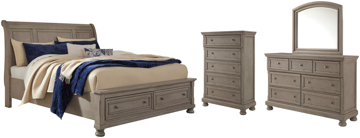 Lettner Sleigh Bed Set - California King, Mirrored Dresser and Chest