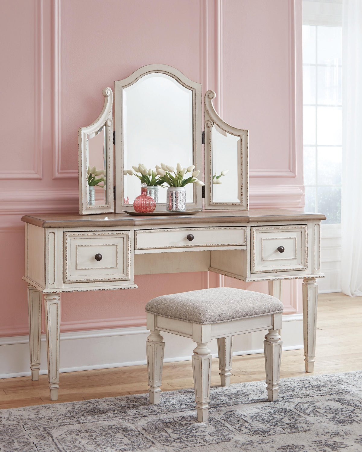 Realyn King Panel Bed, Dresser, Mirror, Chest, Vanity and Nightstand