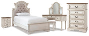 Realyn Twin Upholstered Panel Bed, Chest, Vanity and Nightstand