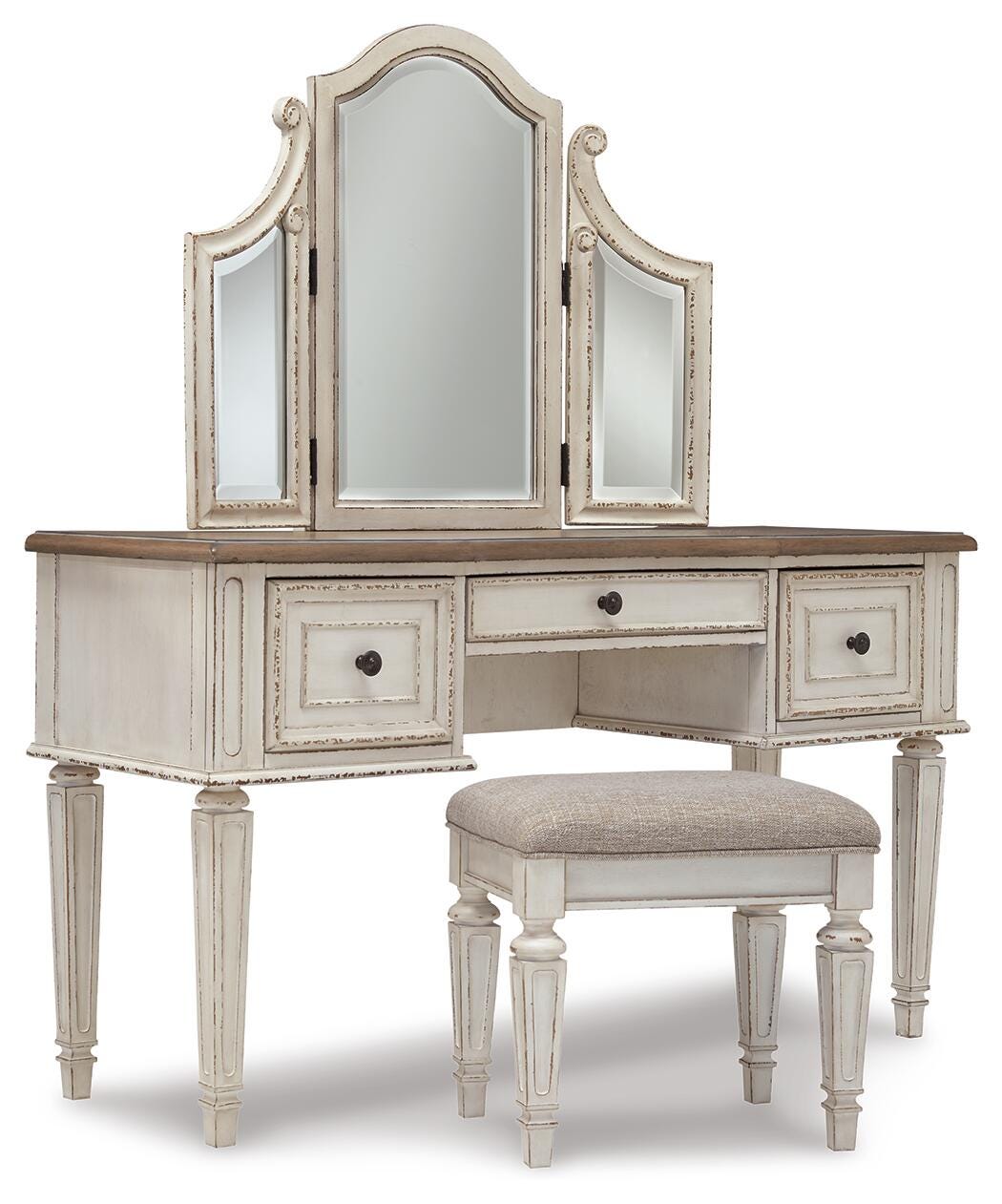 Realyn Twin Upholstered Panel Bed, Chest, Vanity and Nightstand