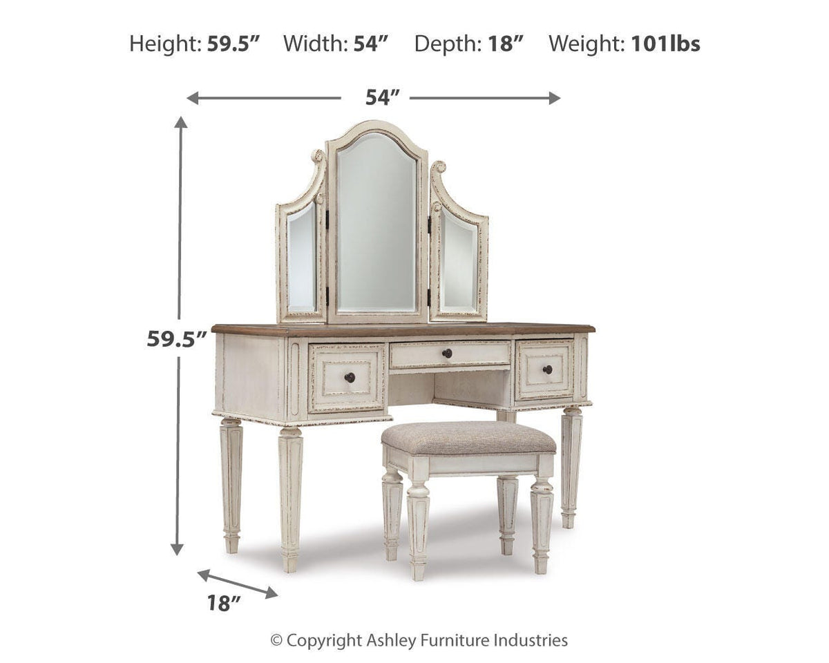 Realyn Queen Upholstery Panel Bed, Dresser, Chest, Nightstand, and Vanity Set