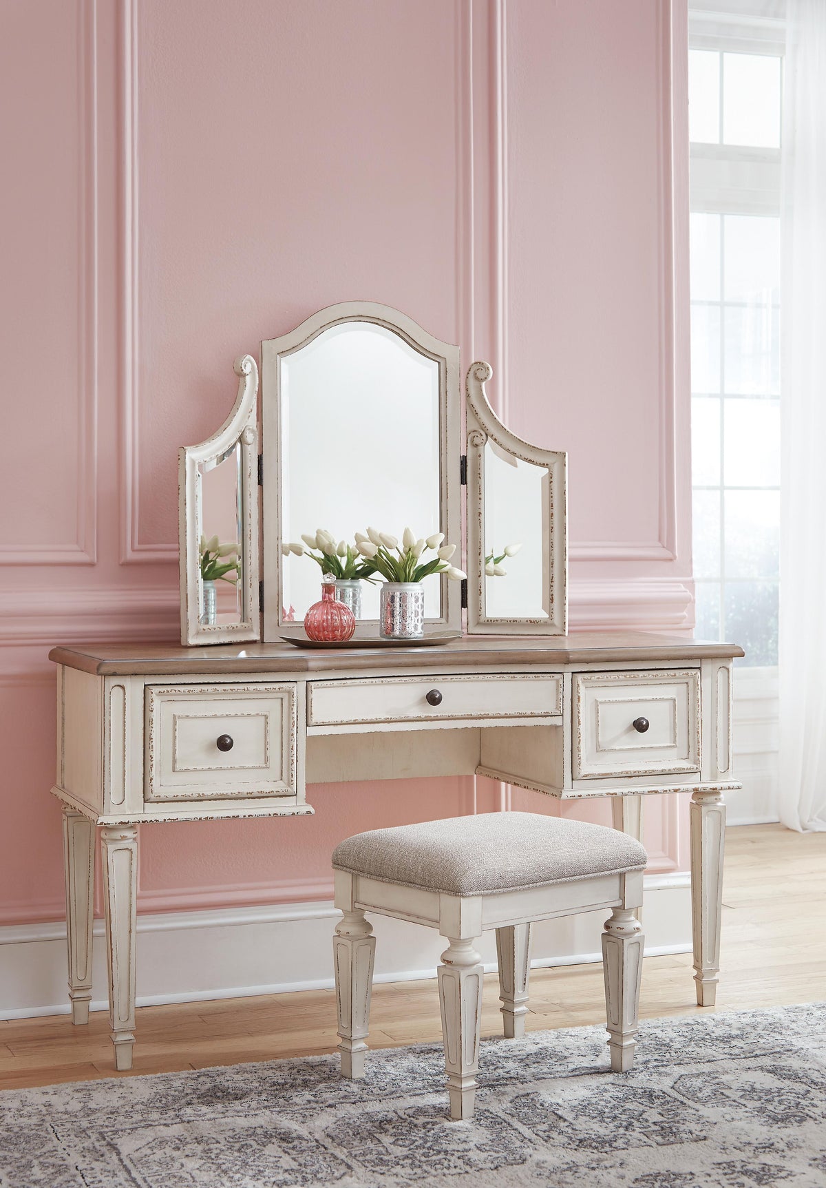Realyn Twin Upholstered Panel Bed, Chest, Vanity and Nightstand
