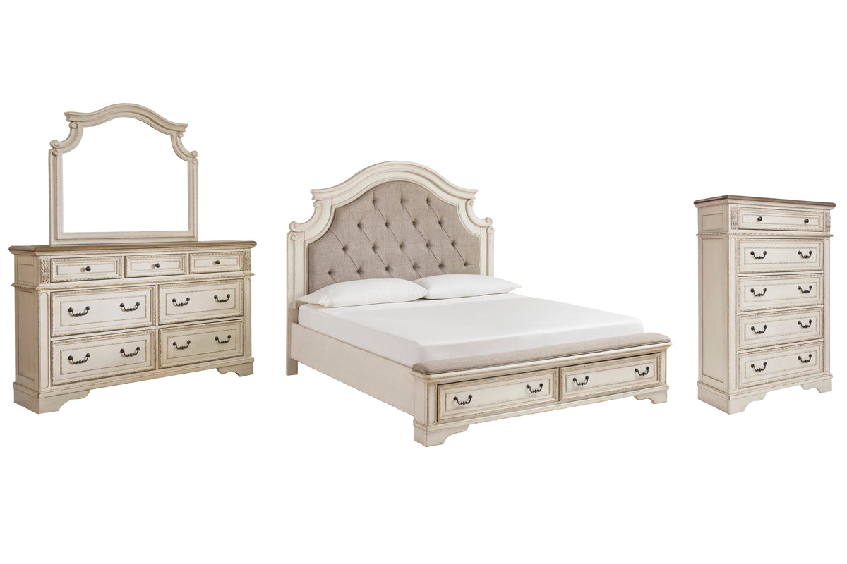 Realyn Upholstered Bed Set - Queen, Mirrored Dresser and Chest