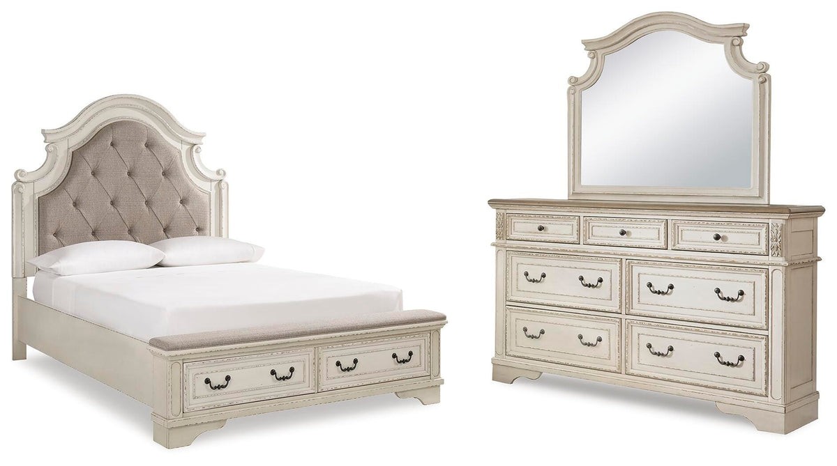 Realyn Upholstered Bed Set - Queen, Mirrored Dresser