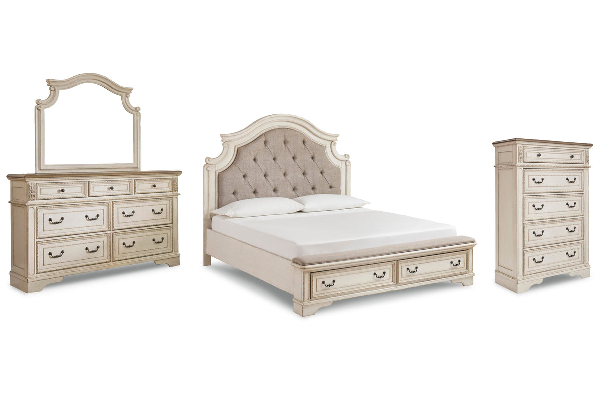Realyn Upholstered Bed Set - California King, Mirrored Dresser and Chest