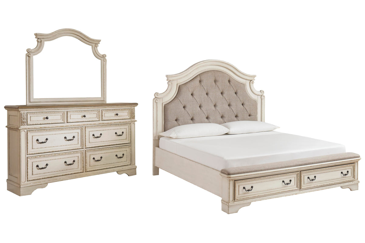 Realyn Upholstered Bed Set - California King, Mirrored Dresser