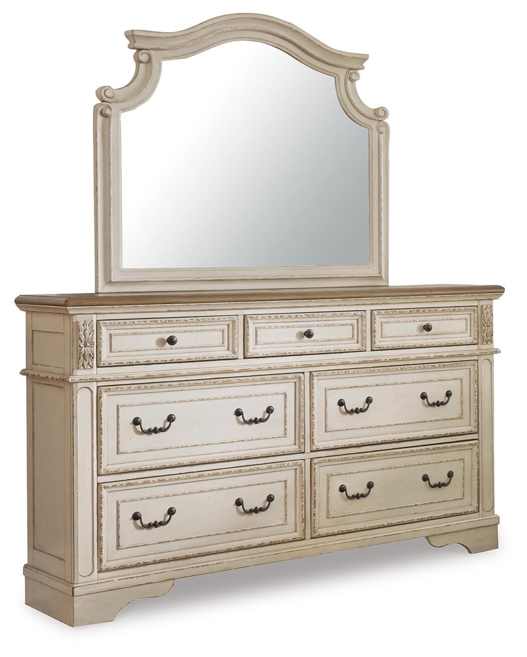 Realyn King Panel Upholstered Bed, Dresser, Mirror and Chest
